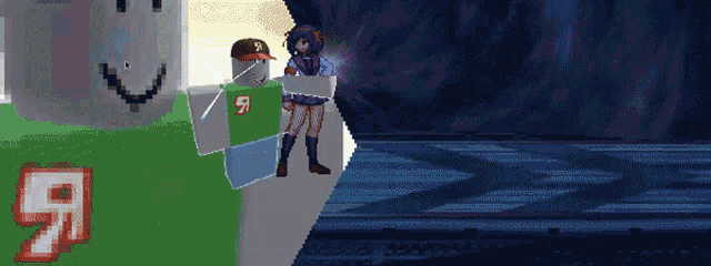 a pixel art drawing of a girl and a boy with the letter r on their shirt
