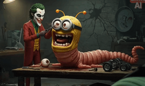 a joker is standing next to a cartoon worm