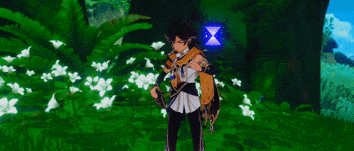 a person in a video game is standing in a field of flowers and plants .