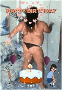 a man in a bikini is dancing in front of a birthday cake with a candle .