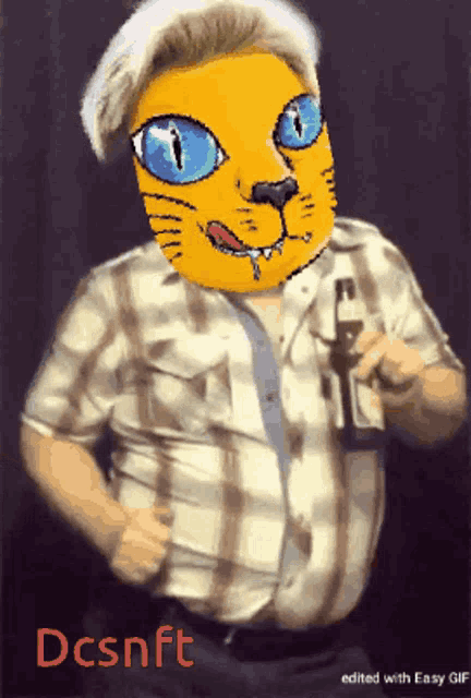 a man in a plaid shirt with a cat mask on his face