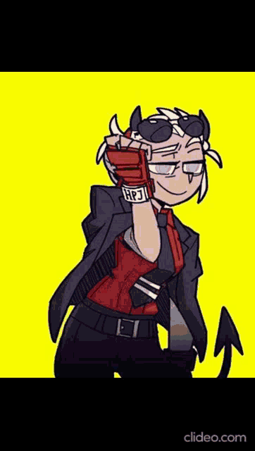 a cartoon character with horns and glasses is wearing gloves that say hrj