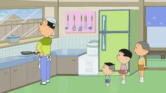a cartoon of a man flying through the air with a frying pan in his hand