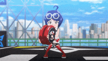 a girl with blue hair and glasses is holding a red yo-yo
