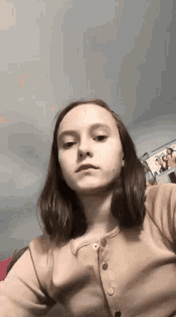 a young girl is taking a selfie in a room with a picture on the wall .