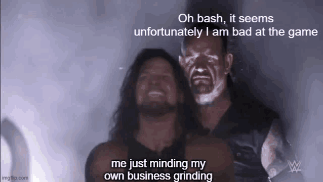 two wrestlers are standing next to each other in a dark room and one of them is talking about his own business grinding .
