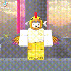 a person in a chicken costume is standing in front of a building in a video game .