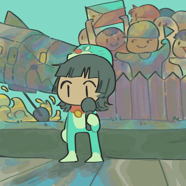 a cartoon drawing of a person holding a sign in front of a crowd of people