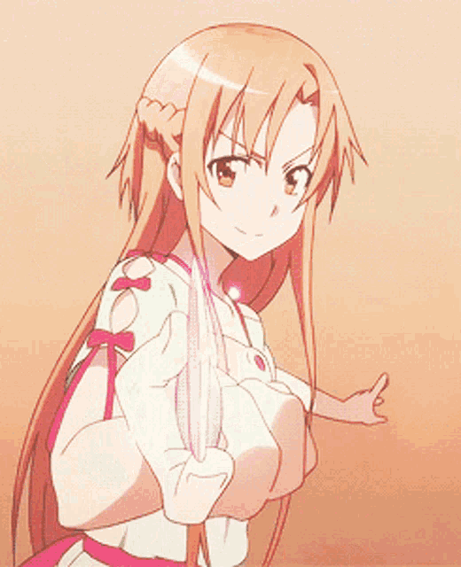 a girl with long orange hair is wearing a white top and pink bows