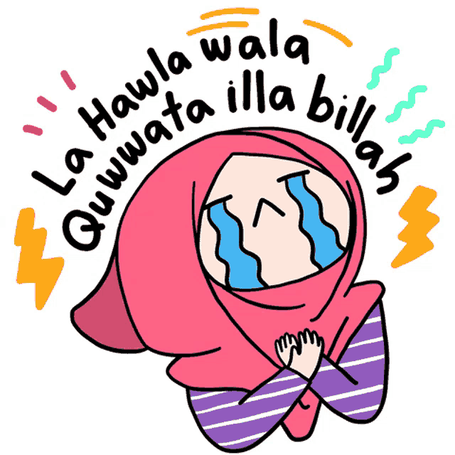 a cartoon of a woman wearing a pink hijab crying