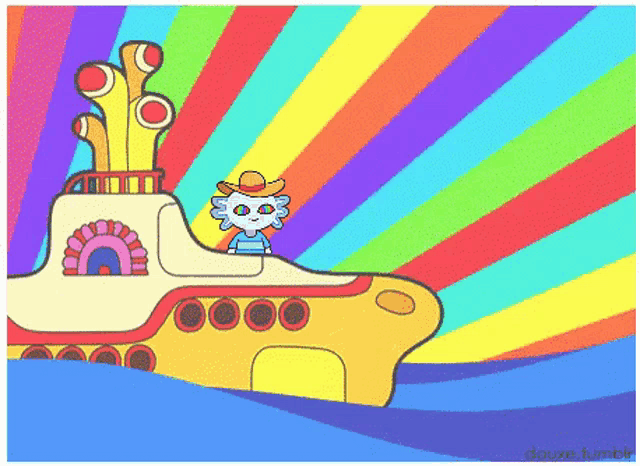 a cartoon drawing of a yellow submarine with a rainbow colored background