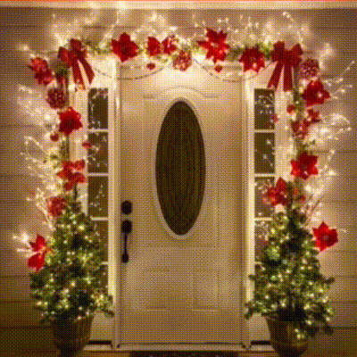 the front door of a house decorated for christmas