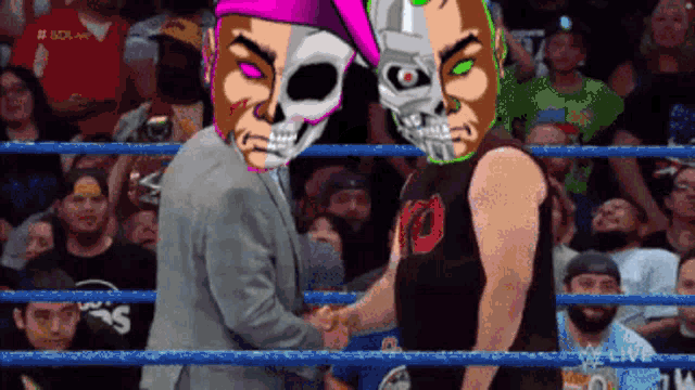 two wrestlers are shaking hands in a wrestling ring with a crowd watching