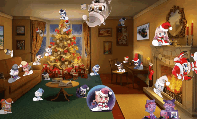 a living room with a christmas tree and a fireplace with a bunch of cartoon characters in santa hats