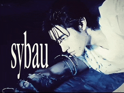 a man is laying on the ground with sybau written in white letters