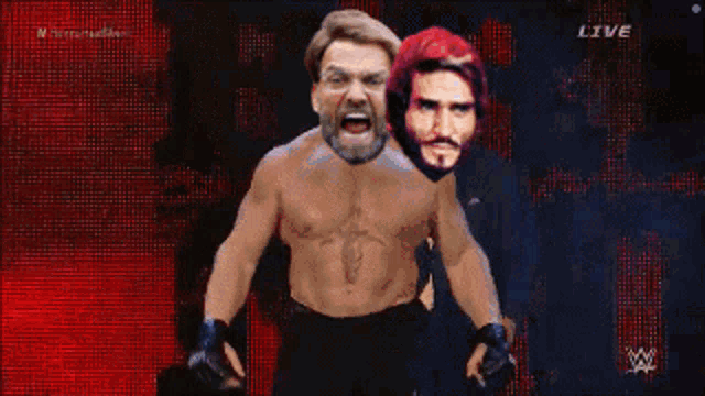 a shirtless man with a beard is standing next to another shirtless man