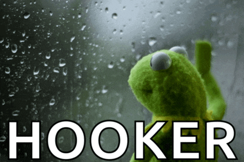 kermit the frog is looking out a window with the word hooker written below him