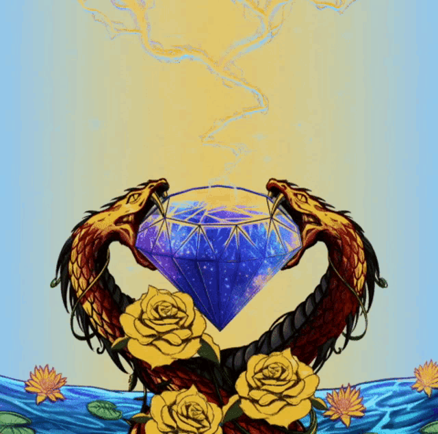 a painting of two dragons holding a diamond