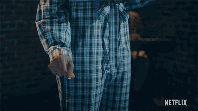 a person wearing a plaid shirt and pants is standing in front of a netflix logo