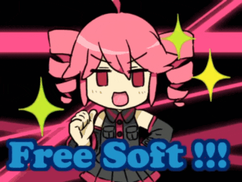 a cartoon of a girl with pink hair and the words free soft on the bottom