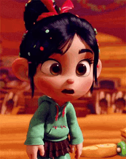 a cartoon character with a surprised look on her face is wearing a green hoodie