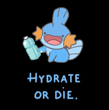 a cartoon of a fish holding a bottle of water with the words hydrate or die written below it