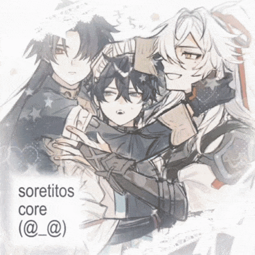 a drawing of three anime characters with the words soretitos core @_@ on the bottom