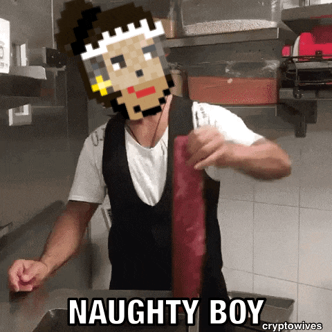a man in an apron with a pixelated face and the words naughty boy on the bottom