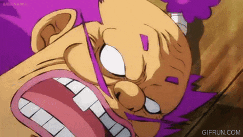 a cartoon character with purple hair and white eyes is making a funny face with his mouth open .