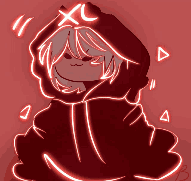 a drawing of a person wearing a red hoodie with the letter x on their head
