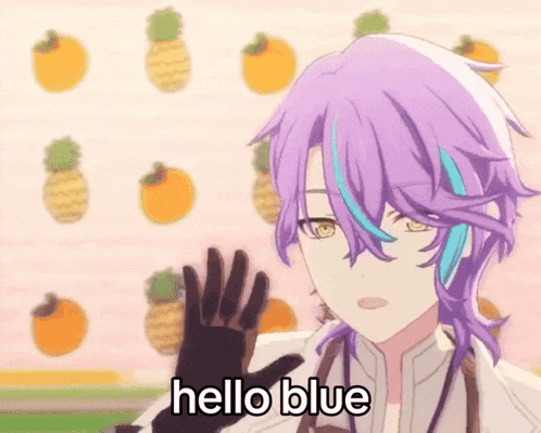 a purple haired anime character says hello blue while waving his hand