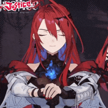 a girl with red hair has the word justice on the bottom