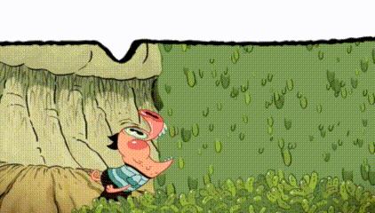 a cartoon drawing of a person with a long nose standing in the grass