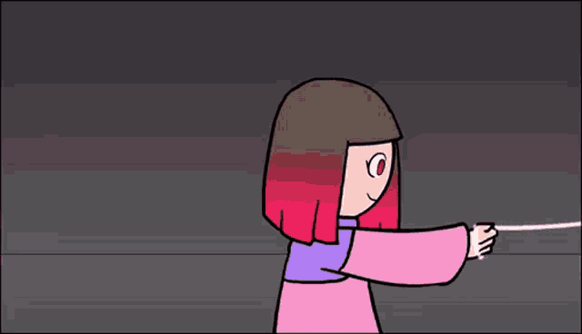 a cartoon girl in a pink and purple sweater is holding a pink string in her hand .