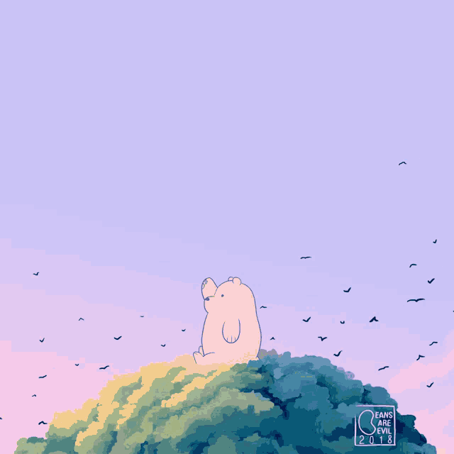 a drawing of a bear sitting on top of a hill with birds and the year 2016