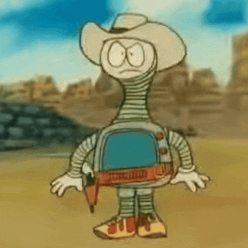 a cartoon character is wearing a cowboy hat and holding a gun in the desert .