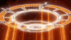 a glowing circle with rays coming out of it on a red background