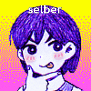 a pixel art drawing of a girl with purple hair making a face .