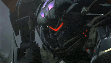 a black robot with a red eye is standing in front of mountains
