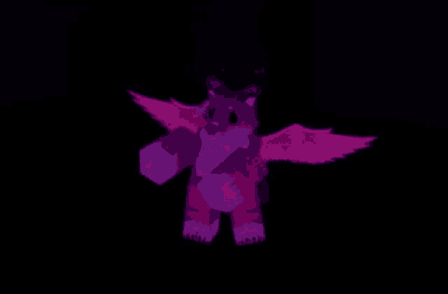 a purple furry with pink wings is standing in the dark .