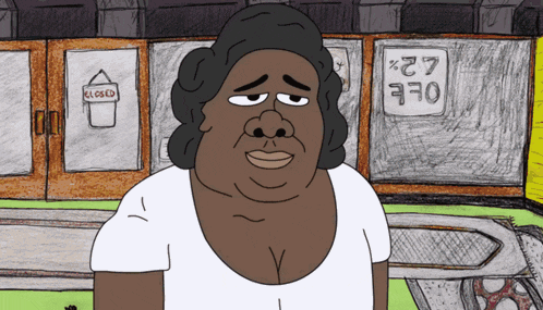 a cartoon drawing of a woman in front of a closed store