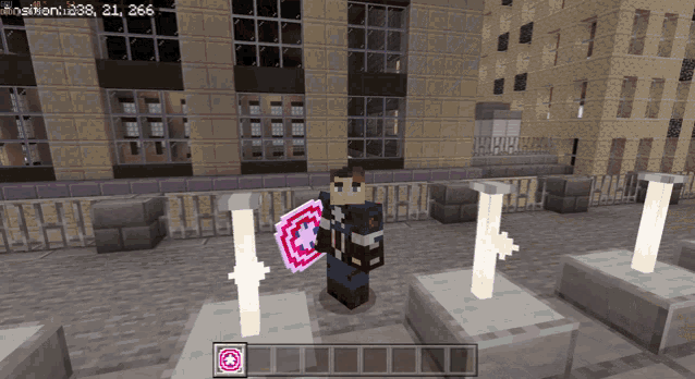 a man in a captain america costume holds a shield in a minecraft game