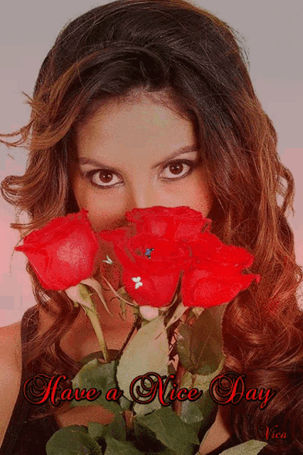a woman holding red roses in front of her face with the words have a nice day written below her