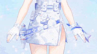 a drawing of a girl wearing a white skirt and gloves with a blue item on her belt