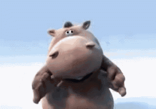 a cartoon hippopotamus is standing on a white surface and smiling .