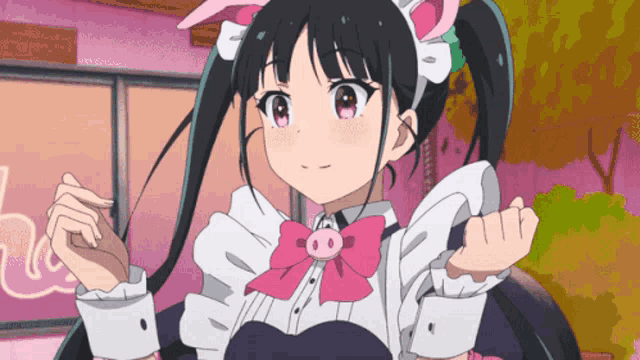 a girl in a maid costume with pig ears and a pink bow