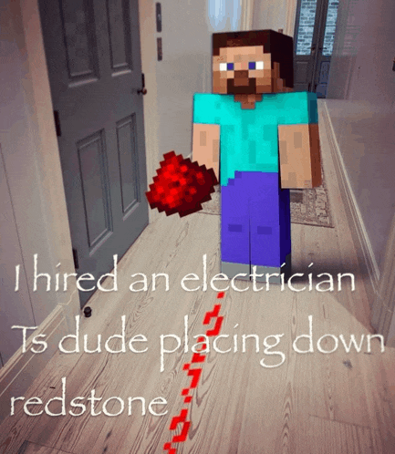 a picture of a minecraft character with the words " i hired an electrician to dude placing down redstone " written below him