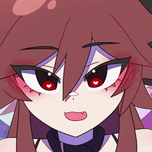 a close up of a girl with red eyes