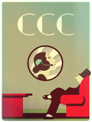a poster for ccc shows a man sitting in a chair and a woman in a circle