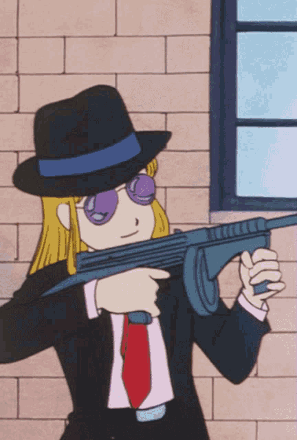 a cartoon character is holding a gun and wearing a hat and sunglasses